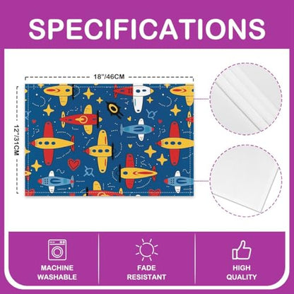 Erosebridal Cartoon Placemats 12X18 Inch Set of 4 for Dining Table,Cute Aircraft Aviation Theme Place Mats for Kids Boys Children,Flying Plane Flight Geometric Star Love Heart Waterproof Placemats - color: Dark Blue Yellow Red