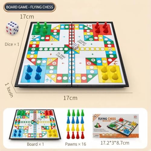 1 Pcs 5 in 1 Magnetic Foldable Board Game Set, Flying Chess Ludo Checkers Backgammon, Portable Travel Family Tabletop Game（Magnetic Flying Chess Board）