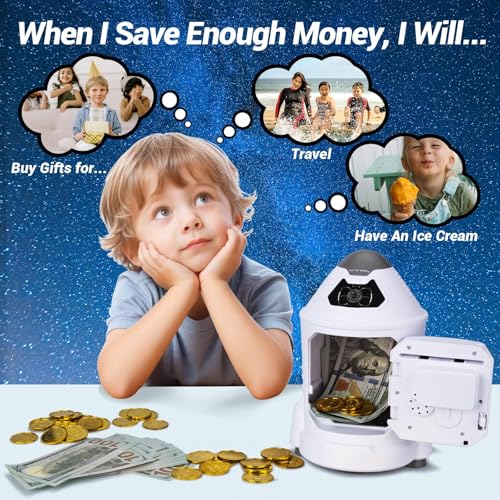 GONINO Piggy Bank for Boys, Electronic Kids Safe Money Bank with Password & Face ID Simulation, Rocket Ship ATM Piggy Bank for Real Money, Kids Bank Birthday Gifts for Boys Ages 5-12