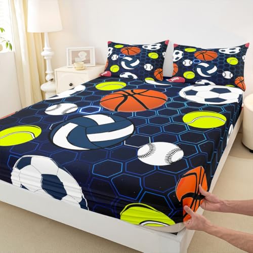 Erosebridal Kids Football Sheets, Soccer Baseball Bed Sheets Set for Boys Girls Teens Juvenile,Basketball Volleyball Softball Sheets Gradient Blue Hexagon Honeycomb Top Sheet,Full Size - color: Multi 03, size: Full