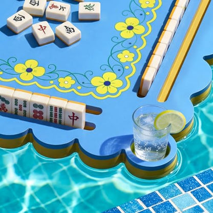 Floating Mahjong Table for Pool, Double Side Float Board with Playing Cards for Mahjong Poker Scrabble Dominoes Card Games Pool Mahjong Floating Tray Adult for Hot Tub Lake Summer Beach - color: Blue-yellow