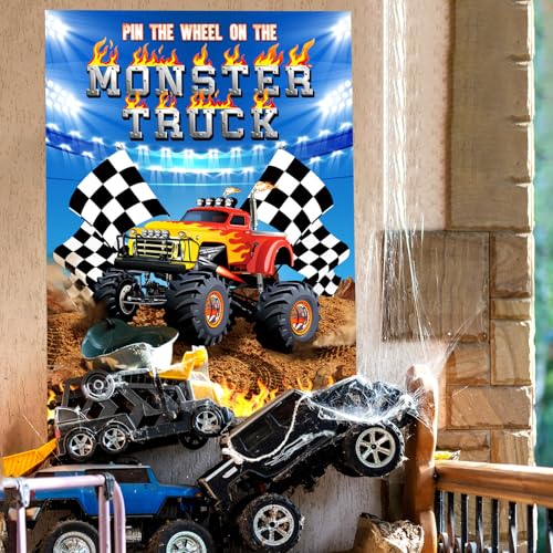 Faccito Monster Truck Birthday Games Pin The Wheels on The Monster Truck Large Poster with 24 Wheel Stickers and Game Blindfold Cars Pin The Wheels Game for Birthday Decorations Trucks Party Supplies - style: Monster