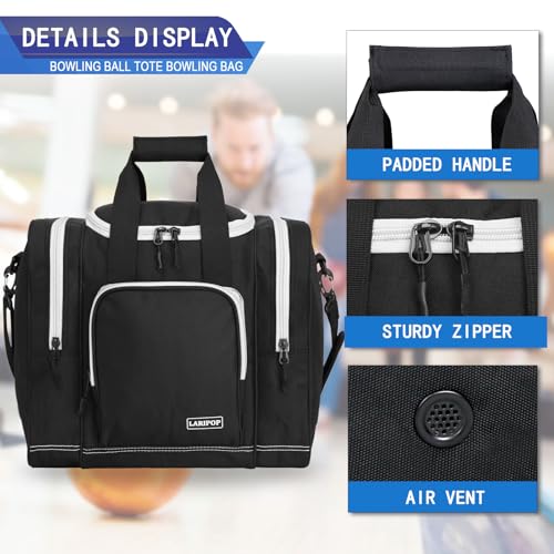 LARIPOP Bowling Ball Bag, Single Bowling Tote with Padded Ball Holder, Ventilated Shoe Pocket & Adjustable Shoulder Strap for Adult Bowlers Men Women - color: Black+White