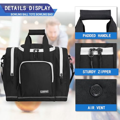 LARIPOP Bowling Ball Bag, Single Bowling Tote with Padded Ball Holder, Ventilated Shoe Pocket & Adjustable Shoulder Strap for Adult Bowlers Men Women - color: Black+White