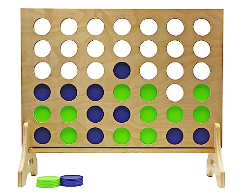 Giant 4 in a Row Game for Family & Adults – Tailgating Pros Jumbo Natural Wooden Four in a Row Indoor Outdoor Yard Game for Family Party Fun, Portable Activities for Patio, Backyard, and Camping - color: Blue / Lime