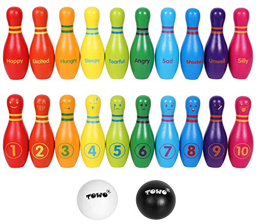 TOWO Wooden Skittles for Children - Skittle Set with 10 Facial Expressions and Numbers - 10 Pin Bowling Set for Kids Garden Toys- Wooden Toys for 2 Year Old