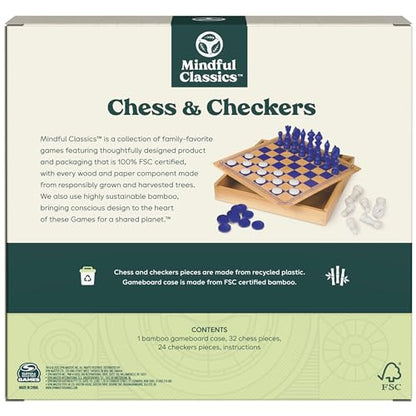 Mindful Classics, Chess Checkers Board Game Set with Bamboo Wooden Box Family Board Games Eco-Friendly Gift, for Adults and Kids Ages 8 and up