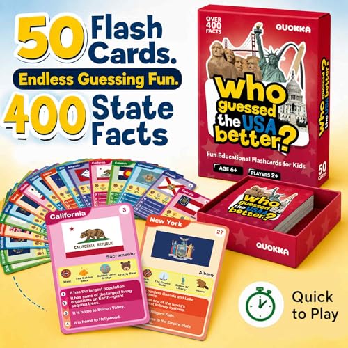 Quokka Who Guess It Better USA States – Educational Game with Visual Clues, Geography Learning Card Set, 50 Cards, Screen-Free Travel Game for Kids Ages 6+ - color: Usa