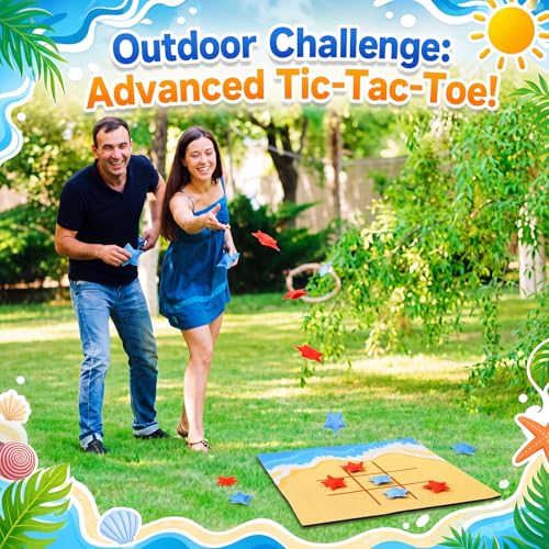 Reallnaive 2 Set Summer Tic Tac Toe Game Include 2 Pcs Beach Shaped Mats 20 Starfish Bean Bags Toss Pool Party Activities for Family Indoor Outdoor Sea Party Game - style: Summer