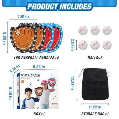 HYES Toss and Catch Ball Game Set, Light Up Baseball Toys Outdoor Pool Beach Yard Camping Games for Family, Toddler Glow in the Dark Baseball Gifts for Boys Girls Ages 3-12 (4 Paddles & 6 Balls) - style: 4 pack with light