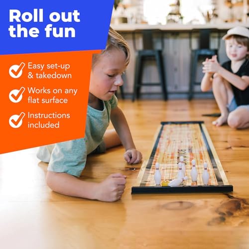 Bowling Game - Indoor Table Games for Whole Family, Kids and Adults - Portable Set w/Lane, 6 Pins, 2 Bowl Bearings - Play at Home Or Traveling