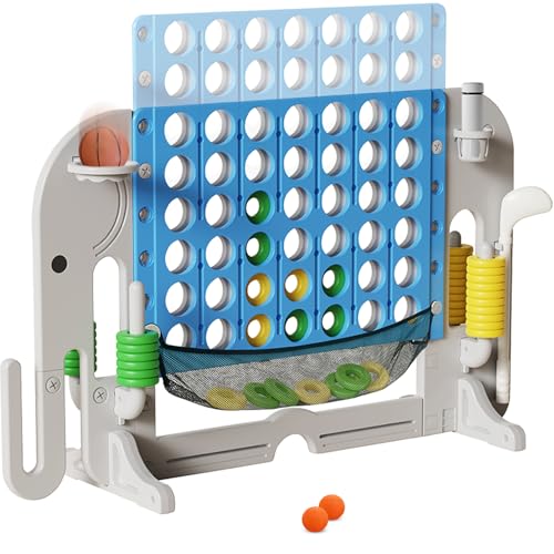Giant 4 in a Row Connect Game, Adjustable Height (2.6FT-4.3FT) Jumbo 4-to-Score Yard Game Set with Basketball, Golf & Ring Toss, Elephant Design Outdoor Indoor Family Yard Party Game for Kids & Adults - color: Denim Days