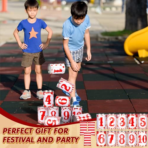 13 Pcs Carnival Can Game Bean Bag Toss Carnival Games with 10 Tin Cans and 3 Bean Bag for Easter Outdoor Family Party Birthday Indoors Outdoors Activities - style: Classic Style