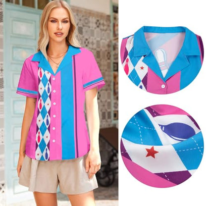 Bowling Shirts Women Hawaiian Bowling Shirt Bowling Lover Gift Tops Bowler Button Down Short Sleeve Tee - color: Pink, size: Large