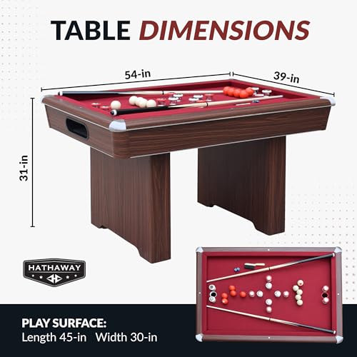 Hathaway Renegade II 54-in Bumper Pool Table for Game Room – 3 in 1 Game Table with Reversible Top & Ball Return System – Includes Cues, Balls, Chalk, Brush & Cards – Red Felt with Walnut Finish