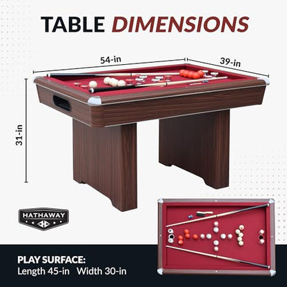 Hathaway Renegade II 54-in Bumper Pool Table for Game Room – 3 in 1 Game Table with Reversible Top & Ball Return System – Includes Cues, Balls, Chalk, Brush & Cards – Red Felt with Walnut Finish