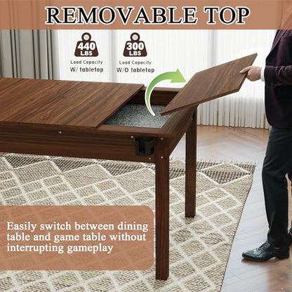 63" x 40" Solid Wood Board Game Table for 4–6 Players with Removable Table Top, Gaming and Dining Table for Card Games, DND, Poker, Puzzles, Non-Slip Play Mat, Rotating Cup Holders, Rustic Brown