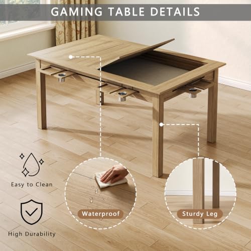 Board Game Table with Removable Top, 63" Dining/Gaming Table for 4-6 Players with 53in x 31.5in Play Area, Includes 6 Cup Holders & Trays, Natural Wood (Game Mat Not Included) - color: Natural Wood