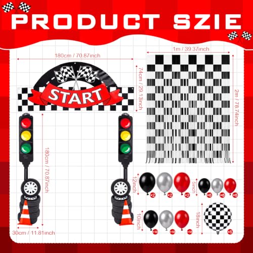 Peryiter 88 Pcs Race Car Party Decorations Set Checkered Start Backdrop Banner Black White Checker Foil Fringe Curtain Balloon Arch Kit, Racing Supplies for Birthday Car Show Kart Theme Games - style: Race Car