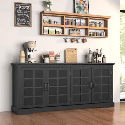 Bigbiglife 70.2" Wood Buffet Cabinet, Farmhouse Buffet Sideboard Cabinet with 4 Doors and Adjustable Shelves, Coffee Bar Wine Bar Storage Cabinet for Kitchen, Living Room, Black - color: Black