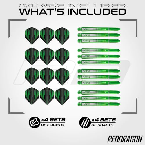 Red Dragon Darts Flight & Shaft Combo Green - 4 Sets of Standard Flights and 4 Sets of Medium VRX Shafts Per Pack