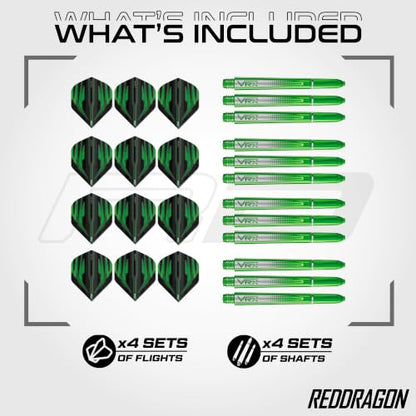 Red Dragon Darts Flight & Shaft Combo Green - 4 Sets of Standard Flights and 4 Sets of Medium VRX Shafts Per Pack