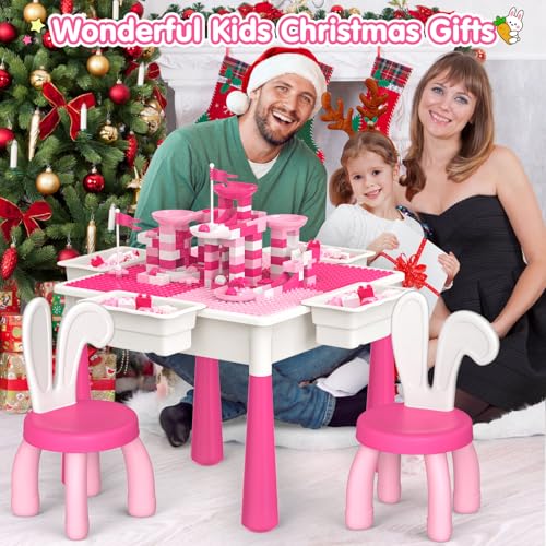 OCATO Kids Toddler Table and Chair Set: Water Table Activity Tables with 152Pcs Large Marble Run Building Blocks 2 Rabbit Chairs Storage All in One Play Sensory Sand Tables 3-6 Year Old Girl Toy Gift - color: Pink