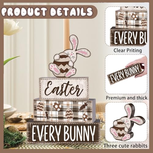 DIYDEC 4Pcs Easter Tabletop Decorations Rabbit Wooden Block Signs Bunny Tiered Tray Decor Happy Easter Centerpiece Farmhouse Wood Bunny Table Sign for Kitchen Home Office Party Decor - style: Pink Rabbit