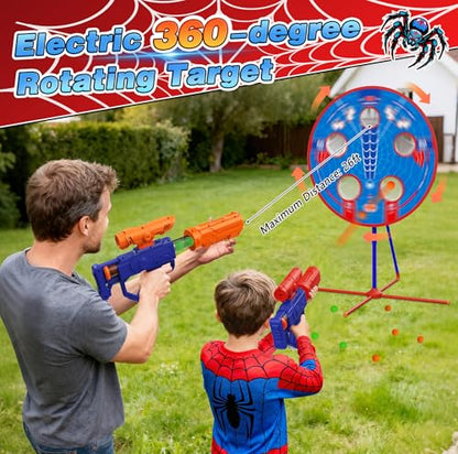 Spider Shooting Games Toys for Kids, Outdoor Indoor Yard Party Game with Rotating Target, 2 Air Blasters & 24 Foam Balls, 2-in-1 Bean Bag Toss Game for Boys Girls Ages 4 5 6 7 8 9 10+ Birthday Gift