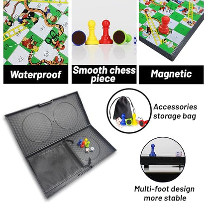 KIDAMI Magnetic Snakes and Ladders Board Game Set, Folding Portable Design, Family Travel Game Set Gift for Kids and Adults (11.2 inch x 11.2 inch)