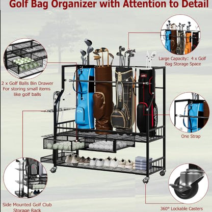 Golf Bag Storage Garage Organizer, Golf Bag Stand Fit for 4 Golf Bags, Golf Clubs, Golf Balls, Golf Equipment Accessories, Golf Bag Storage Rack with Wheels for Garage, Club, Shed, Basement - size: 45.7" L x 42.2 " W x 15.7“ H
