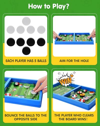 Sling Puck Game – Fast Slingshot Board Game with Soccer Theme Panel – Includes 10 Country Stickers + Soccer Ball Stickers for Pucks – 2 Player Tabletop Hockey Family Night – Kids Games Ages 3+