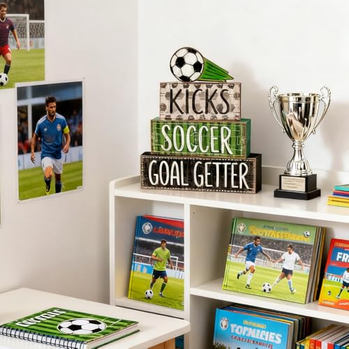 DIYDEC 4Pcs World Cup Tabletop Decorations Soccer Wooden Block Signs Gift RusticSoccer Goal Tiered Tray Decor World Cup Table Centerpiece for Home Office Tabletop Fireplace Party Decor - style: Soccer