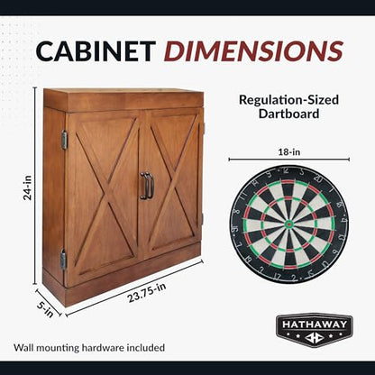 Hathaway Farmington 18-in Bristle Dart Board and Cabinet Set – Includes Self Healing Sisal Board, Rotatable Number Ring, Chalk Scoreboards & Steel-Tip Darts - Complete Dart Accessories - Walnut