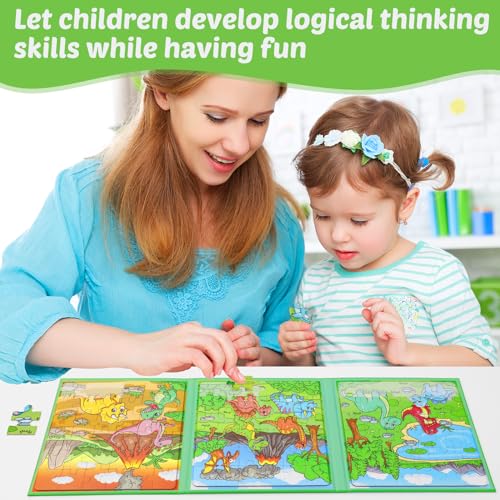 Kasfalci Magnetic Puzzles for Toddlers 3-5,36 Pieces Travel Puzzles Games for Kids,Airplane Car Road Trip Activities,Activity Books,Dino Dinosaur Magnet Toys for 3 4 5 6 Year Old Boys Birthday - color: Green