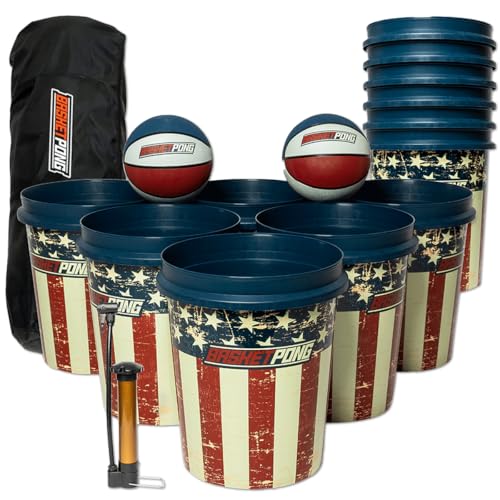 BasketPong USA – Giant Yard Pong and Basketball Game with 12 Buckets, 2 Balls, Carrying Bag, and Air Pump – Outdoor Game for Lawn, Backyard, Beach, and Parties