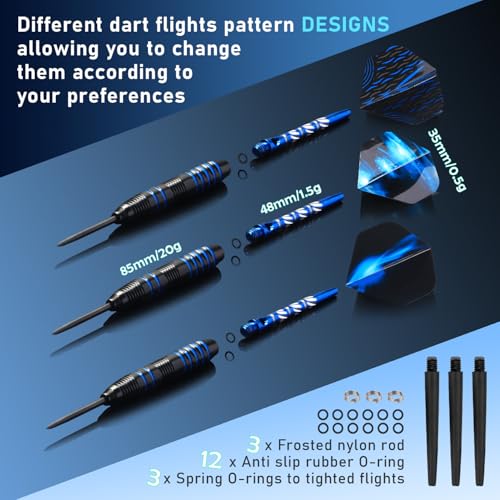 XAWU 3 Pack Steel Tip Darts Set Professional Darts 22g, 24g with 9 Dart Flights 3 Aluminum Shafts 3 Spare Shafts 1 Dart Sharpener 12 Rubber O-Rings Flight Protector and Darts Case - color: 22g Blue & Black