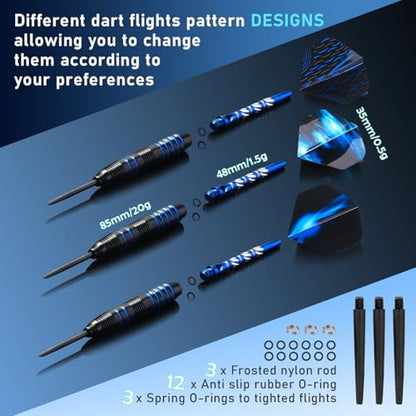 XAWU 3 Pack Steel Tip Darts Set Professional Darts 22g, 24g with 9 Dart Flights 3 Aluminum Shafts 3 Spare Shafts 1 Dart Sharpener 12 Rubber O-Rings Flight Protector and Darts Case - color: 22g Blue & Black