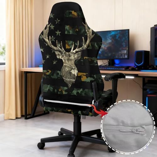 Suobstales Deer American Flag Camo Pattern Computer Game Chair Covers with Armrest Cover Washable Computer Chair Slipcovers Removable Kitchen Chair Covers for Home Kitchen Restaurant - color: Deer American Flag Camo