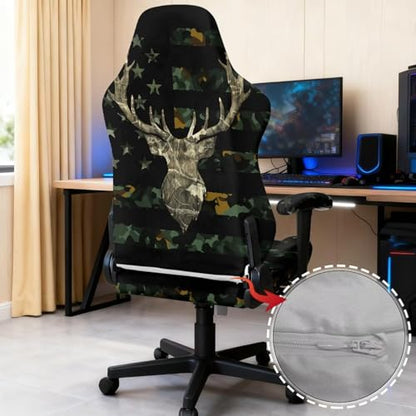 Suobstales Deer American Flag Camo Pattern Computer Game Chair Covers with Armrest Cover Washable Computer Chair Slipcovers Removable Kitchen Chair Covers for Home Kitchen Restaurant - color: Deer American Flag Camo