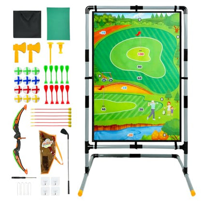 Battle & Velcro Golf Chipping Game Set with Double-Sided Mat – Backyard Golf Game for Indoor/Outdoor Play & Parent-Child Fun – Includes Bow & Arrow, Axe & Dart Targets