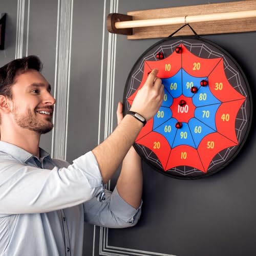 29 Inches Spider Web Dart Board with 10 Sticky Balls, Indoor Outdoor Sport Christmas Game for Skill Development, Ideal Xmas Gift for Family in Fun Party Play Games