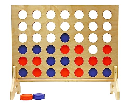 Giant 4 in a Row Game for Family & Adults – Tailgating Pros Jumbo Natural Wooden Four in a Row Indoor Outdoor Yard Game for Family Party Fun, Portable Activities for Patio, Backyard, and Camping - color: Blue / Orange