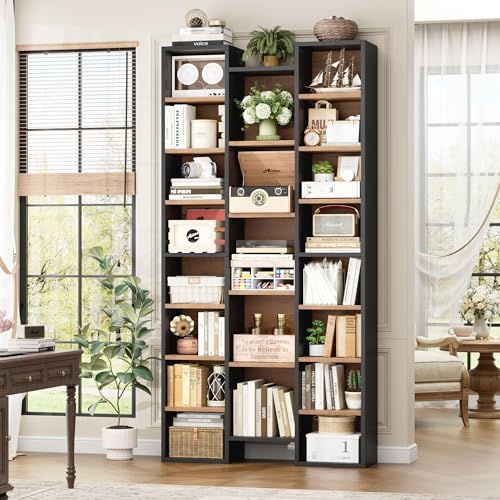 FOTOSOK 71'' Tall Bookshelf with 21 Cubes, 8 Tier Triple Wide Bookshelf with 8 Adjustable Shelves, 35" Large Bookcase DVD/CD Media Tower Storage, Freestanding Display Shelf Cabinet, Black/Brown - color: Black/Brown
