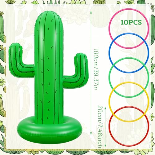 Hungdao 40 Inch Mexican Inflatable Cactus Ring Toss Game Set, Target Toss Party Games with 10 Pcs Rings Floating Summer Activity for Mexicano Fiesta Outdoor Beach Decor Cinco De Mayo Party