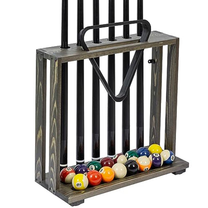 MyGift Rustic Burnt Solid Wood Freestanding Billiards Pool Cue Organizer with Ball Storage and Triangle Rack Slot