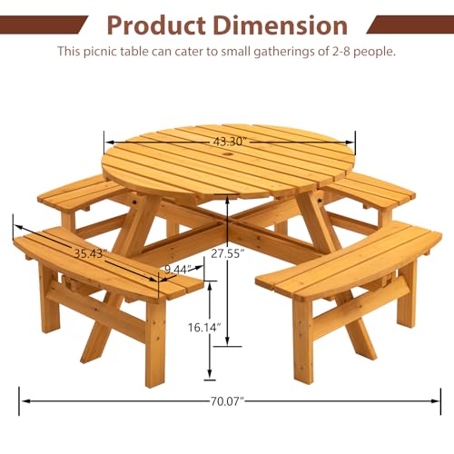 8-Person Round Wooden Picnic Table with Seat, Outdoor Camping Dining Table with 4 Built-in Benches, Natural - color: Natural, size: 8-Person Round