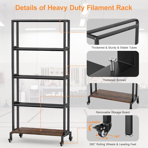 Ormeli 3D Printer Filament Storage Rack, 5-Tier 3D Printing Filament Metal Rack for Filament Spools PLA/ABS/TPU/Nylon, Large Capacity Heavy Duty Filament Spool Holder for 3D Printing Studio, Workshop