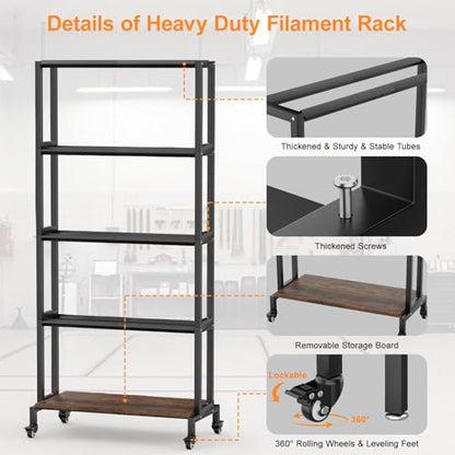 Ormeli 3D Printer Filament Storage Rack, 5-Tier 3D Printing Filament Metal Rack for Filament Spools PLA/ABS/TPU/Nylon, Large Capacity Heavy Duty Filament Spool Holder for 3D Printing Studio, Workshop