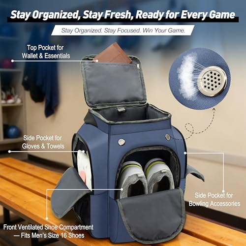 2-Ball Bowling Backpack with Shoe Storage – Heavy Duty Padded Travel Bag - color: Navy